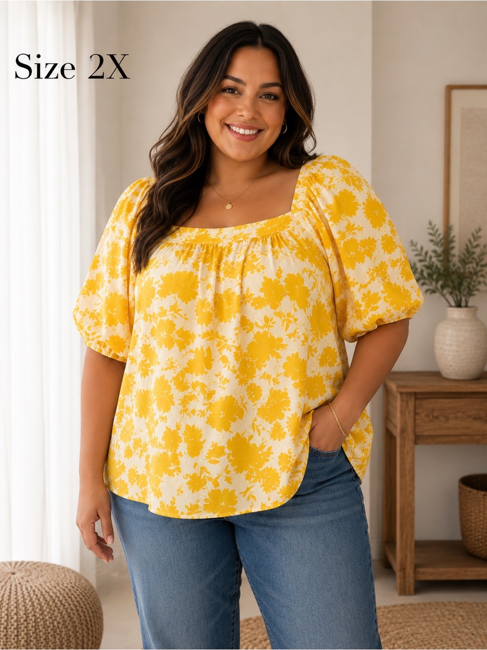 Lands' End Yellow and White Floral Scoop Neck Tunic